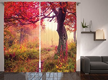 Ambesonne Farm House Decor Collection, Majestic Landscape with Colorful Autumn Trees Foggy Forest in Ukraine Photography, Living Room Bedroom Curtain 2 Panels Set, 108 X 90 Inches, Coral Pink Green