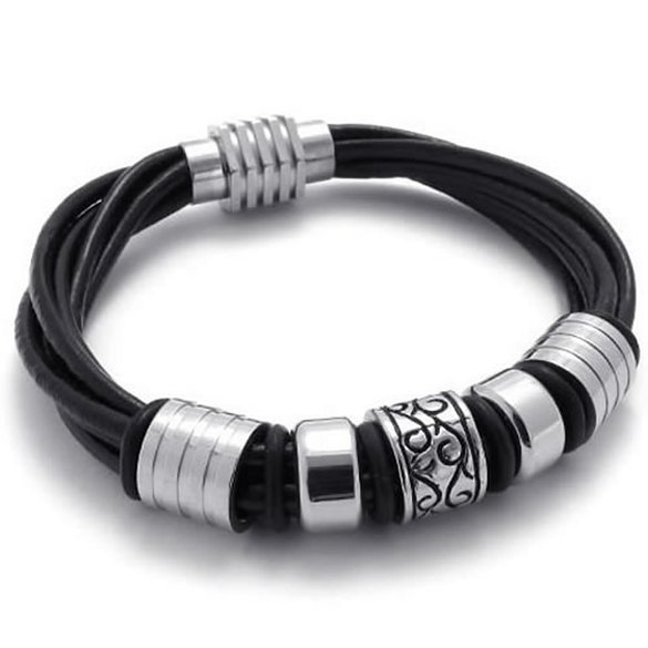 KONOV Black Leather Biker Mens Bracelet Magnetic Stainless Steel Clasp - 8", 8.5", 9"