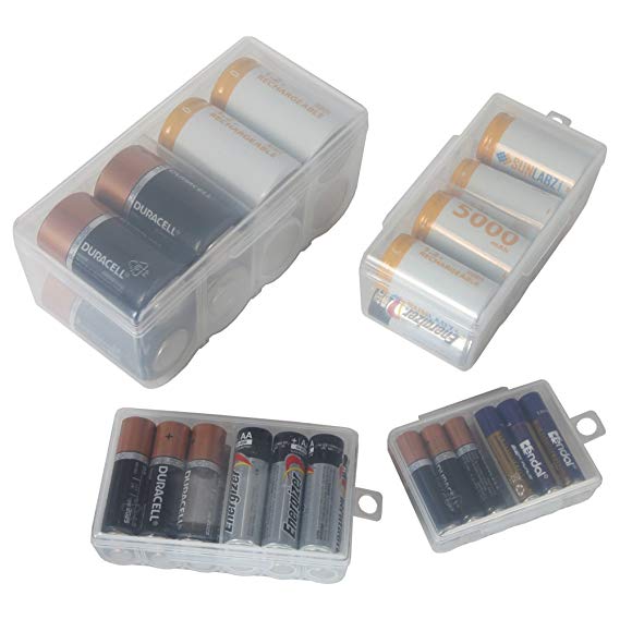 Home-X - Clear Battery Storage Cases (Set of 4), Stores and Organizes Batteries in a Hard, See-Through Case for Easy Access, Fits 12 AAA, 12 AA, 8 C, 8 D Batteries