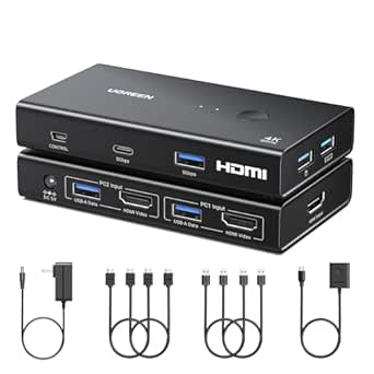 UGREEN HDMI KVM Switch 1 Monitor 2 Computers with 4 USB 3.0 Ports 4K@60Hz KVM Switches for 2 Computers Share Monitor Keyboard Mouse Printer with 2 HDMI Cables, 2 USB Cables, Power Adapter, Controller