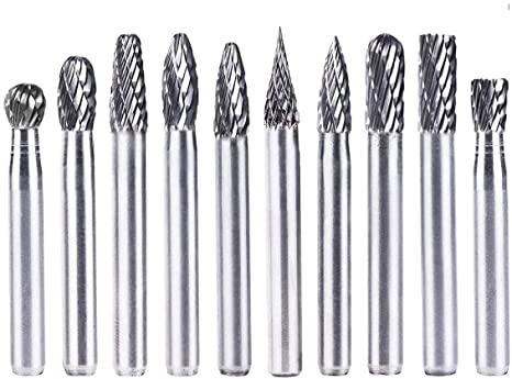 Bestgle 1/4'' Shank 10pcs Tungsten Carbide Rotary Burr Double Cut Die Grinder Bit for Carving, Polishing, Engraving and Drilling, 6mm Head Diameter