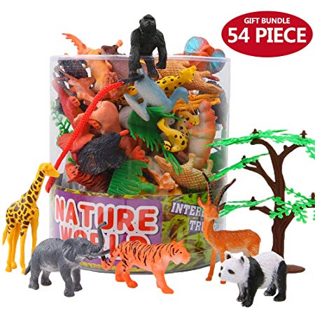 Animals Figure,54 Piece Mini Jungle Animals Toys Set With Gift Box,Zoo World Realistic Wild Animal Learning Resource Party Favors Toys For Boys Kids Toddlers Forest Small Farm Animals Toys Playset