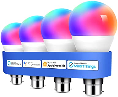 Smart Bulb Meross Alexa Light Bulb B22 Compatible with Homekit, Alexa, Google Home, Siri Voice Control Dimmable Multicolor LED Light Bulb Equivalent 60W 4 Pack