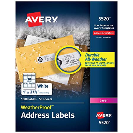 Avery WeatherProof Address Labels with TrueBlock Technology for Laser Printers 1" x 2-5/8", Box of 1,500 (5520)