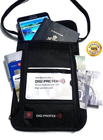RFID Travel Neck Stash Passport Wallet Holder with RFID Blocking with Quick Access Back Pocket (BLACK) - Protect your Credit Cards, Passport, Debit Cards etc. - Quick Access Back Pocket! - *BONUS: You Get a Quality Digi Protek RFID Credit Card Sleeve for your Regular Wallet . Black NW01