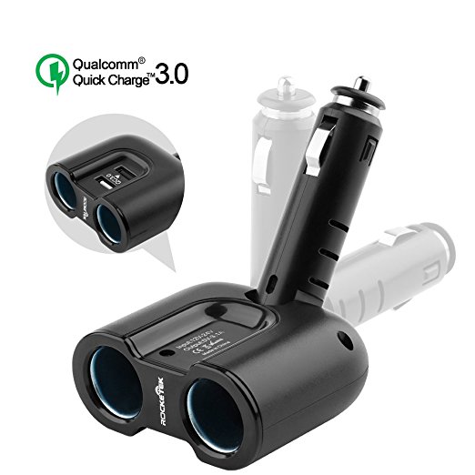 Quick Charge 3.0 Dual USB Car Charger Splitter Adapter, Rocketek 2 USB   2 Socket Lighter adapter with 10A Fuse - 1 x Smart Port USB   1 x QC3.0 Port USB