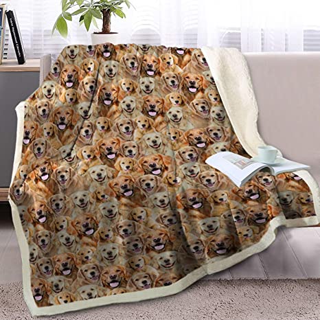 BlessLiving Fuzzy Dogs Blanket for Kids Adults Cute Puppy Fleece Blanket Reversible Animal Pattern Sherpa Throw (Golden Retriever,Throw, 50 x 60 Inches)