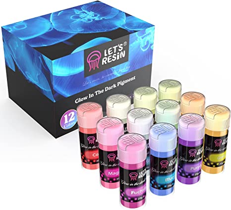 LET'S RESIN 12 Colors Glow in The Dark Pigment Powder - 20g/0.7oz Each Bottle Epoxy Resin Luminous Pigments for Slime, Nails, Epoxy Resin, Acrylic Paint, Halloween Decoration, Fine Art, and DIY Crafts