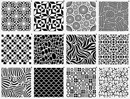 12-Pack (12x12Inch) Geometric Stencils Painting Templates for Wall Tile Floor Furniture Wood Scrapbooking Craft Drawing Tracing DIY Art Supplies