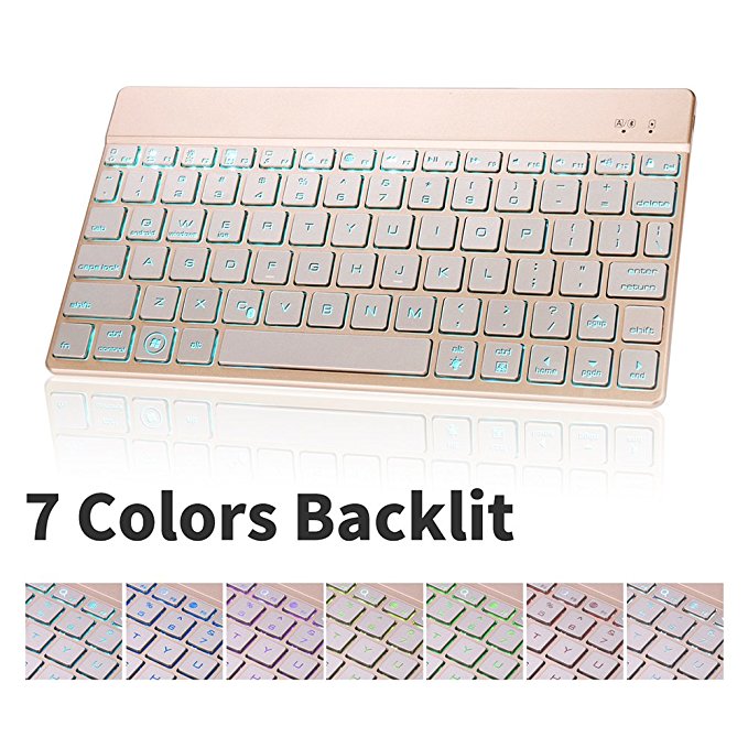 Dingrich Wireless Bluetooth Keyboard,Universal Ultra Slim Aluminum Wireless Bluetooth Keyboard with Backlit for All iOS, iPad, Android, Mac iPhone Adjustable Brightness Portable iPad Pro 9.7"&12.9"/ Air / Air 2/ Mini/ Mini 2/ Mini 3/ Mini 4/ iPad 4 3 2, Macbook Bluetooth Keyboard,Gold