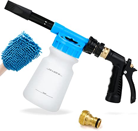 Ohuhu Car Wash Foam Gun for Garden Hose, Car Wash Soap Sprayer with 3/8" Brass Connector & Car Washing Mitts, Dual Filtration, 6 Levels of Foam Concentration, Quick Connect to Most Garden Hose (Blue)