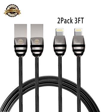 SGIN iPhone Cable 2Pack 3FT Zinc-Alloy Connector Lightning Cable - Spring Sync & Charging Cord Charger for iPhone 7 Plus 6S Plus 6 Plus SE 5S 5 iPad iPod - Black