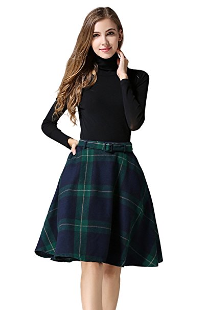 Tanming Women's High Waisted Wool Check Print Plaid Aline Skirt