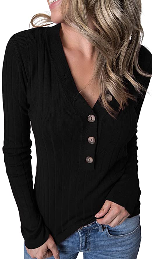 MEROKEETY Women's Long Sleeve V Neck Ribbed Button Knit Sweater Solid Color Tops