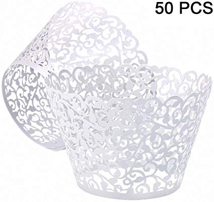Gospire 50 pcs Pearl Lace Filigree Wedding Cupcake Wrapper Baking Cake Cups Wraps Party Decoration Laser Cut White
