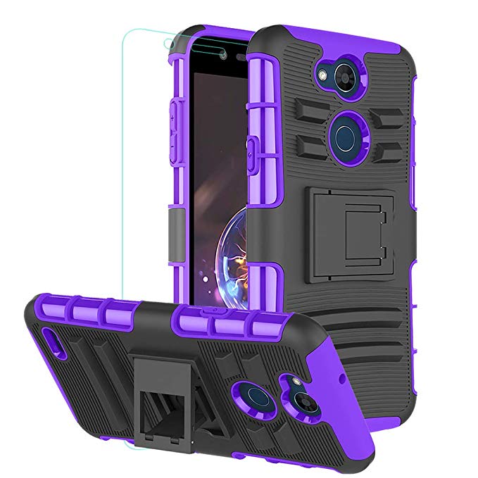 LG X Power 3 Case, LG XPower 3 Case, OEAGO Tough Rugged Dual Layer Protective Case with Kickstand and Tempered Glass Screen Protector for LG X Power 3 - Purple