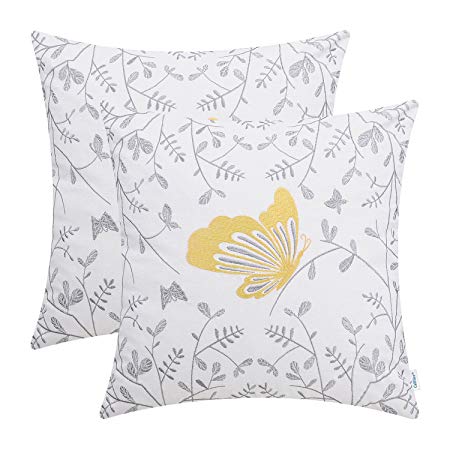 CaliTime Pack of 2 Cotton Throw Pillow Cases Covers for Bed Couch Sofa Cute Butterfly in Gray Garden Embroidered 18 X 18 inches Gold
