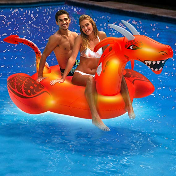 Aqua Oversized 8 Foot, Scorch The Dragon, 4 Mode, 16-Color LED Light-Up, Ride On, Inflatable Pool Float Lounge
