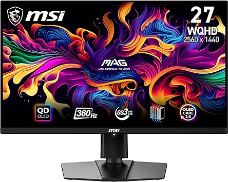 MSI MAG 271QPX QD-OLED, 27 OLED Gaming Monitor, 2560 x 1440 (QHD), OLED 0.03ms Response time, 360Hz, True Black HDR 400, HDMI, DP Port, USB Type C, Tilt, Height