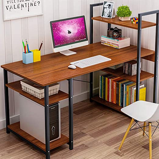 Lovinouse Computer Desk with 4 Tier Shelves, 47.5 Inch Writing Study Table with Reversible Bookshelves, Office Steel X Frame Modern Tower PC Tables (47.5 x 24 Inch with CPU Stand, Brown)