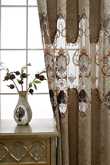 AiFish Chenille Curtains and Drapes for Bedroom Deluxe European Hollowed Cloth Curtains Embroidered Floral Half Blackout Draperies Curtains with Eyelets for Sliding Glass Door 1 Panel W100 x L84 inch