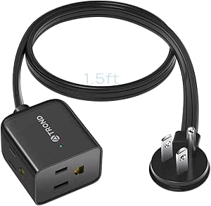 TROND Short Flat Extension Cord 1.5ft - Left Angled Flat Plug Power Strip, 16 AWG Power Cord Extension Indoor, 3 Prong Extension Cord with Multiple 3 Outlets for Home Office Cruise Travel, Black