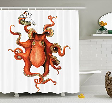 Ambesonne Octopus Decor Collection, Kraken Octopus Holding Sailing Ship in Tentacles Mythical Monster Nautical Theme Decor, Polyester Fabric Bathroom Shower Curtain, 75 Inches Long, White Orange