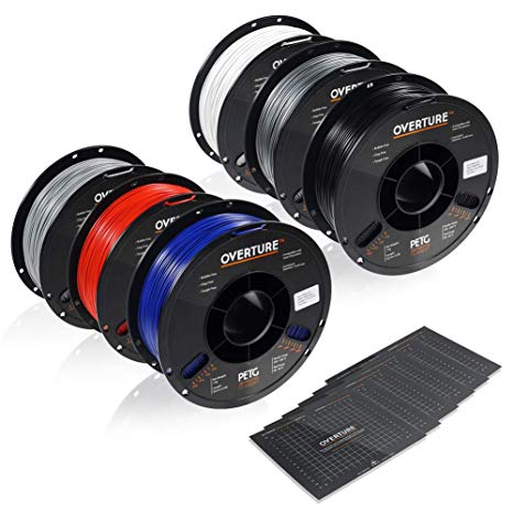 OVERTURE PETG Filament 1.75mm with 3D Build Surface 200 x 200 mm 3D Printer Consumables, 1kg Spool (2.2lbs), Dimensional Accuracy  /- 0.05 mm, Fit Most FDM Printer (6 Color (6-Pack))