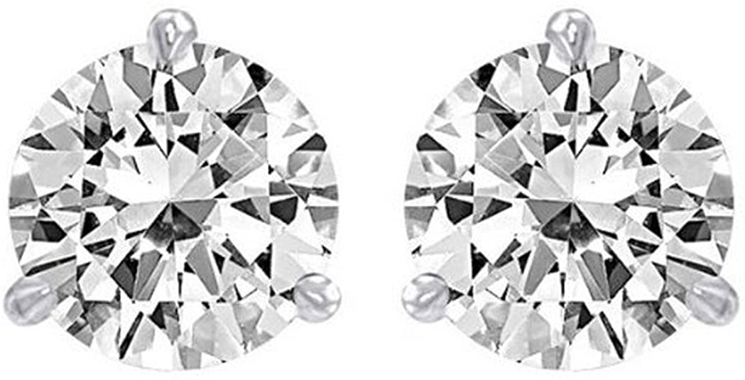 1 Carat Solitaire Diamond Stud Earrings Round Brilliant Shape 3 Prong Screw Back (J-K Color, I2 Clarity)