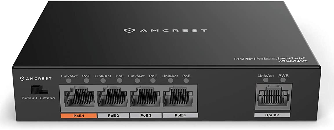 Amcrest 4-Port POE  Power Over Ethernet POE Switch with Metal Housing, 4-Ports POE  802.3af/at 60W (AMPS4E4P-AT-60)