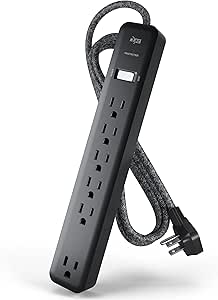 KMC 6-Outlet Surge Protector Power Strip 6 ft Cord, 1080J Power Surge Protector, Braided 6-Foot Long Extension Cord with Multiple Outlets, Power Strip Surge Protector, 6 Power Outlet Flat Plug, Black