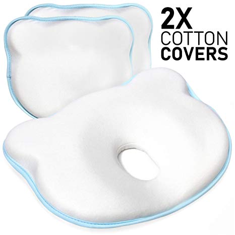 ZOSTRATI Baby Head Shaping Pillow - 2 Washable 100% Cotton Covers for Newborn Infant to Prevent Flat Head or Plagiocephaly Syndrome | Soft Memory Foam Flathead Cushion | 0-12months | White