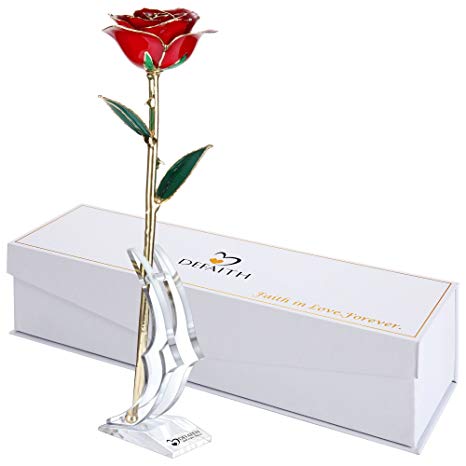 Red Gold Rose, DEFAITH 24K Gold Trimmed Long Stem Real Rose with Moon-shape Rose Stand. Last a Lifetime. Best