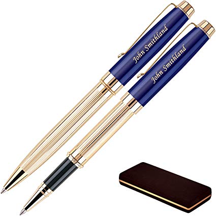 Personalized Braxton Ballpoint and Rollerball Pen Set - Blue. Real 18krt Gold Plated Double Pen Gift Set. For a Man or Women, Custom engraving is included. Comes in a Case