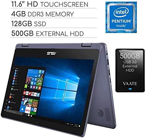 ASUS VivoBook Flip 2020 11.6" Touch Screen 2-in-1 Laptop, 4-Core Intel Pentium N4200 1.1GHz, 4GB Ram, 128GB SSD, Wi-Fi, Bluetooth, Webcam, HDMI, Windows 10 S Mode w/ 500GB External HDD