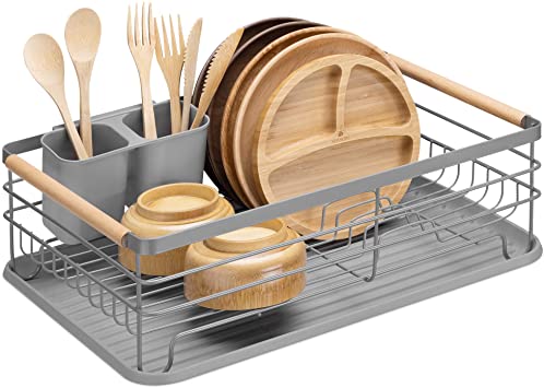 Navaris Dish Drainer Rack - Plate, Silverware, Pots and Pans Drying Rack for Kitchen with Beechwood Handles - Modern Retro Design Drip Tray - Gray