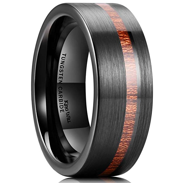 King Will Nature 8mm Wood Inlay Polish Unisex Black Tungsten Carbide Wedding Band Engagement Ring