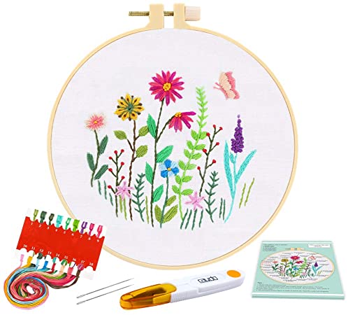 Caydo Full Range of Embroidery Starter Kit with Pattern and Instructions, Cross Stitch Kit Include 1 Embroidery Clothes with Floral Pattern, 1 Plastic Embroidery Hoops, Color Threads and Tools