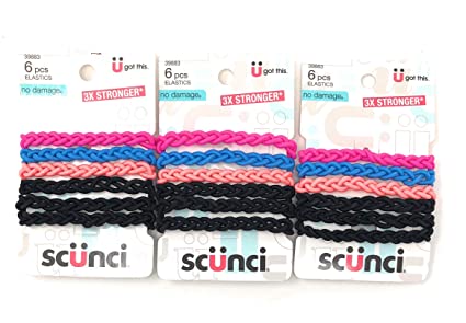 Scunci Everyday & Active Braided No Damage and Super Comfy Hair Elastics Bundle - Black and Multi-Colored, 3 Packs (18 Count)