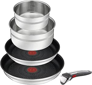 Jamie Oliver by Tefal 5-teiliges Ingenio Edelstahl-Set, 1 abnehmbarer Griff, 2 beschichtete Pfannen, 2 Töpfe, Induktion, ofenfest, platzsparend, L9769632