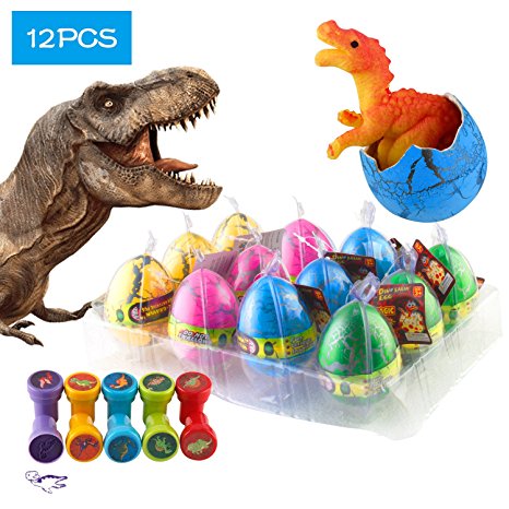 12 Pcs Dinosaur Eggs with Bonus10 Pcs Dinosaur Stamps, Kictero Crack Easter Dinosaur Eggs that Hatch in Water, Grow Eggs with Dinosaur figures Inside Toy for Boys / Girls, Birthday Party Favors
