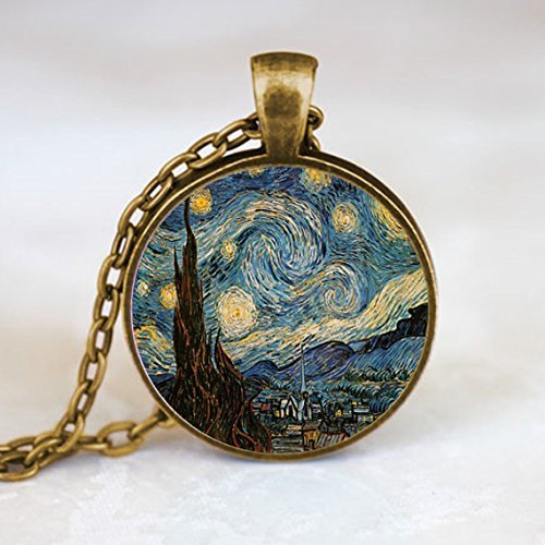 Starry Night pendant, Van Gogh necklace, Van Gogh art jewelry, moon and stars necklace, Starry Night necklace Bronze (PD0148)