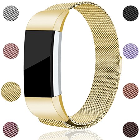 For Fitbit Charge 2 Bands, Maledan Stainless Steel Milanese Loop Metal Replacement Accessories Bracelet Strap with Unique Magnet Lock for Fitbit Charge 2 HR Large Small, Silver, Black, Gold, Rose Gold