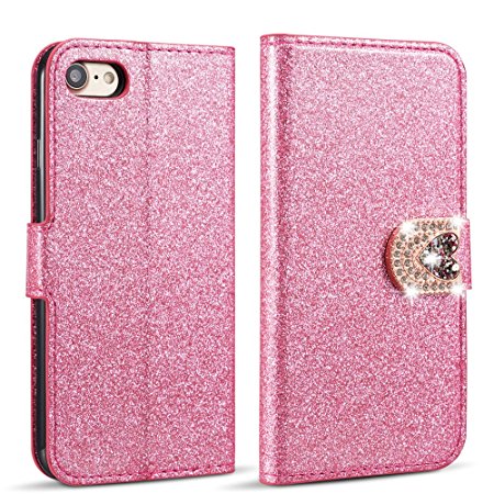iPhone 7 Case,iPhone 8 4.7 inch Case,Luxury Bling Glitter [Magnetic Closure] PU Leather Flip Wallet [Love Diamond Buckle] Folio Inner Soft TPU Case with [Card Slots] Stand Function Cover Case for Apple iPhone 7/iPhone 8 [4.7 inch] - Pink