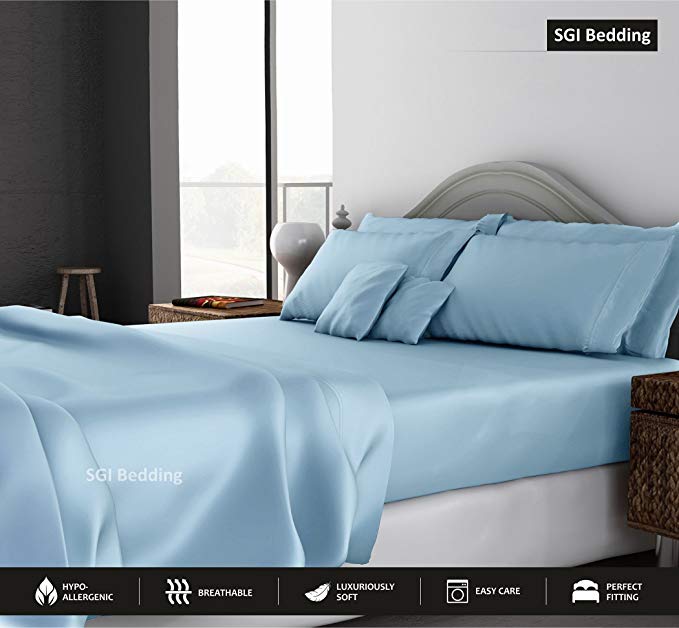 SGI bedding Queen Sheets Luxury Soft 100% Egyptian Cotton - Bed Sheet Set Queen Mattress Light Blue Solid 600 Thread Count Deep Pocket