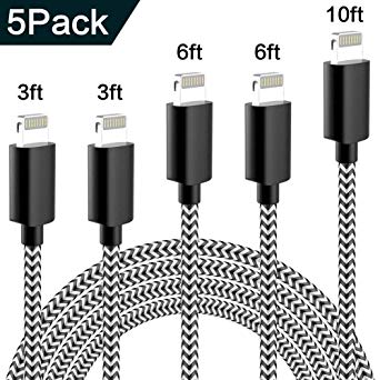 iPhone Charger, Lightning Cable, 5 Pack [3/3/6/6/10 Ft] Extra Long Nylon Braided USB Charging & Syncing Cord Compatible with iPhone Xs/XR/XS Max/X/7/7Plus/8/8Plus/6S/Plus/5SE/5S/5C/5 (Black/White)