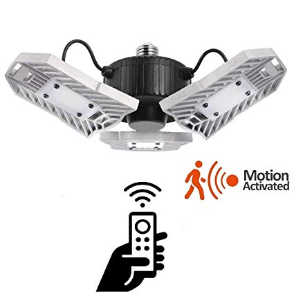 Upgraded 60W Motion Activated LED Garage Light with Remote Controller, Holding Time & Sensitivity Adjustable with Photocell for Garage Ceiling Lighting Fixture 6000K,Daylight