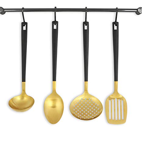 Black and Gold Utensil Set for Cooking and Serving, Stainless Steel Serving Utensils include - Black and Gold Metal Ladle, Skimmer, Serving Spoon, Turner: Gold Serving Sets