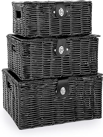 Hipiwe Woven Wicker Storage Baskets Box - Set of 3 Shelf Baskets with Lock&Handle Black Plastic Decorative Nesting Basket Bin Multifunctional Household Organizer Bin for Bathroom Home Decor