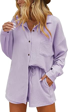 Ekouaer Women Pajama Sets 2 Piece Summer Lounge Sets utton Down Shirts and Casual Shorts with Pockets